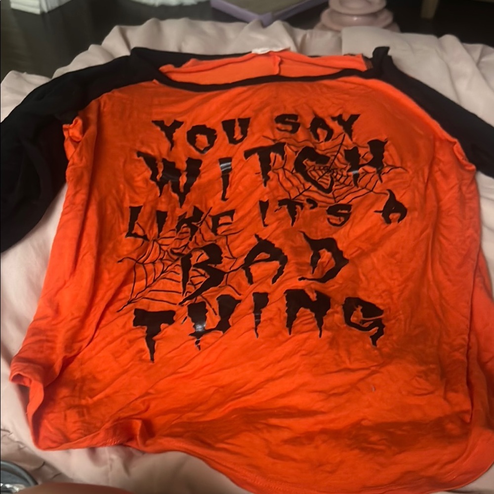 Orange and Black Halloween Themed Women's Jersey Top